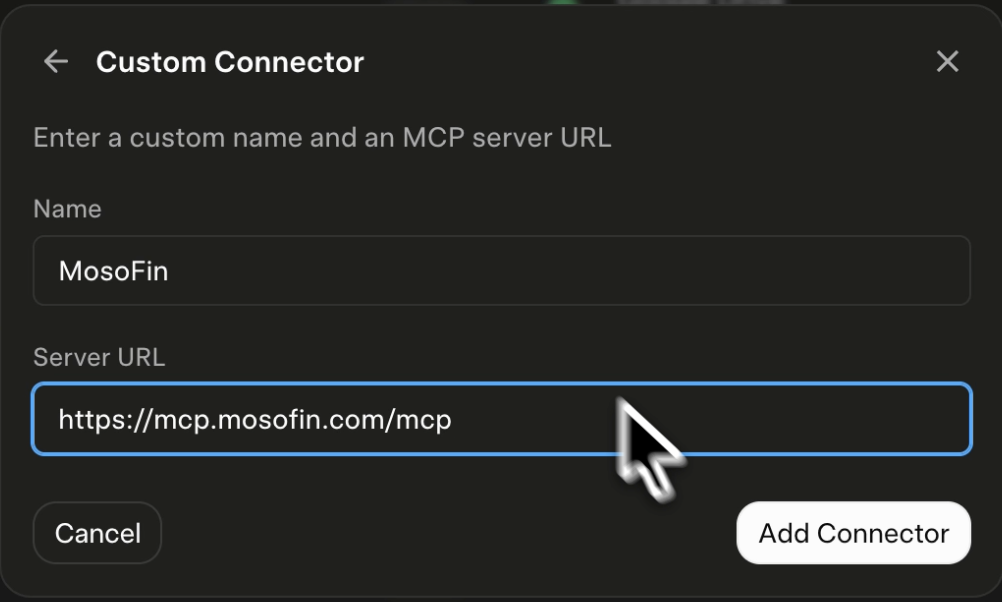Add the MosoFin MCP server as a custom Grok connector