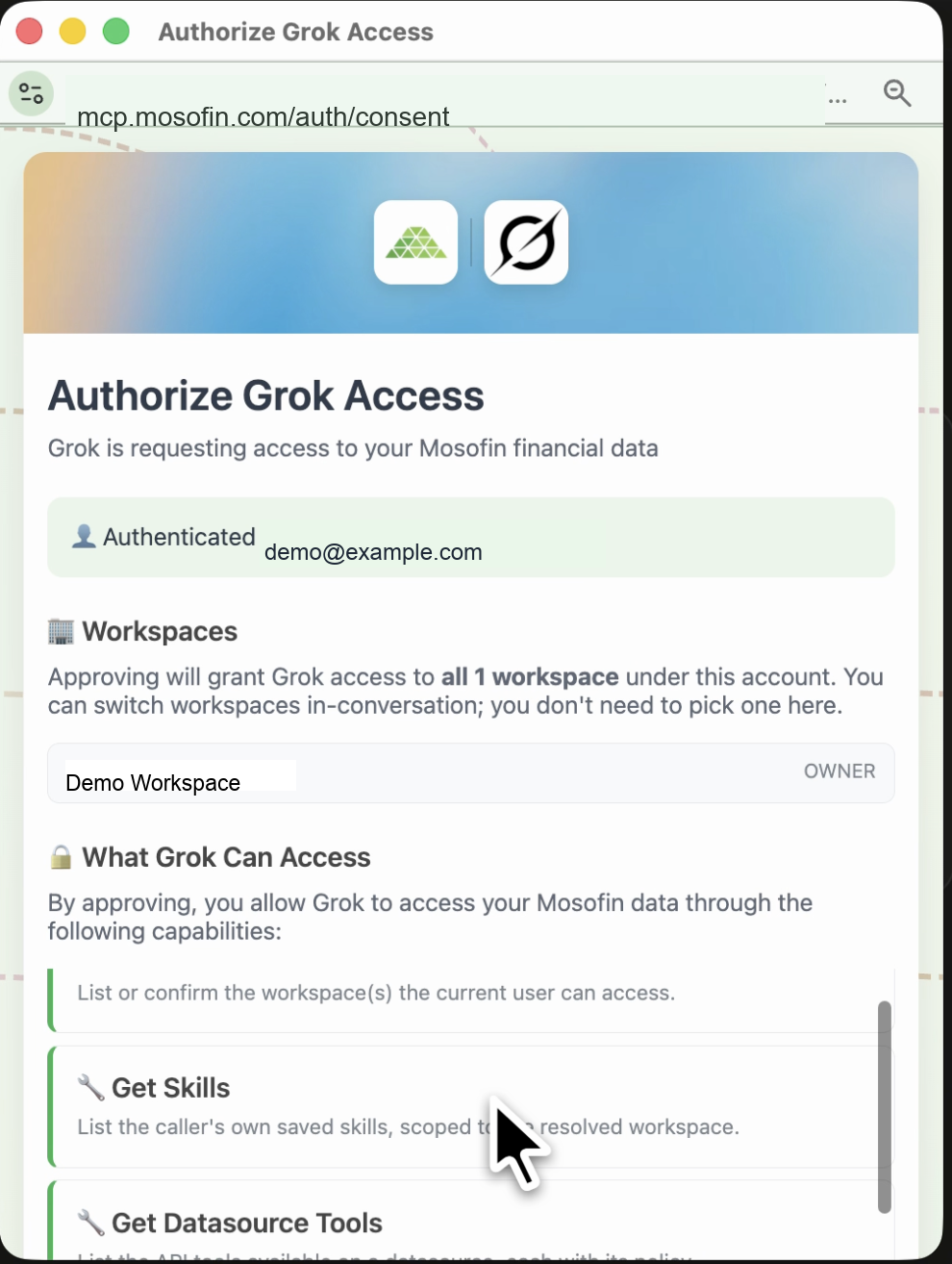 Authorize Grok to use MosoFin with the selected workspace